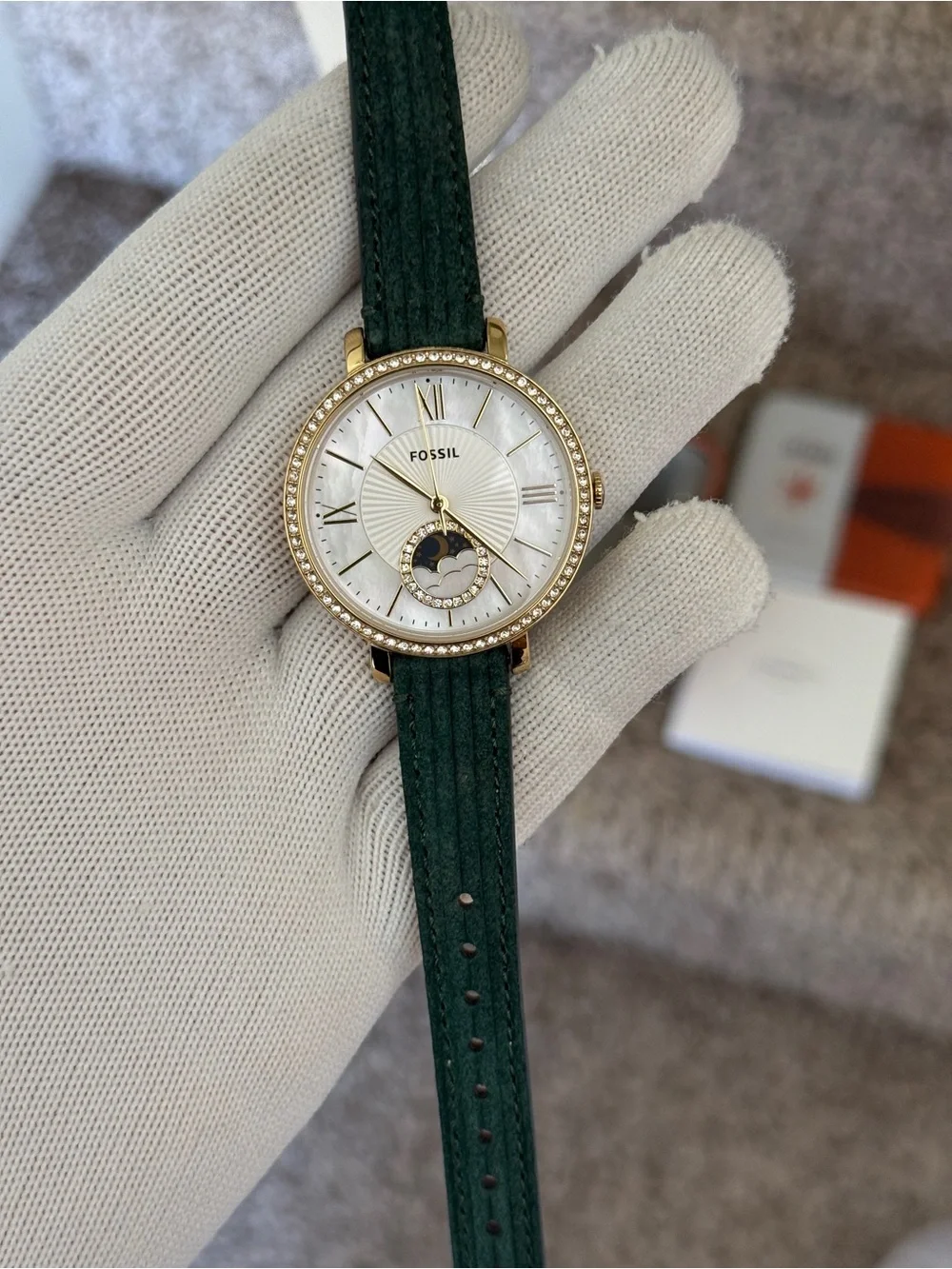 Fossil Women's Jacqueline Moonphase Green Leather Strap Gold Crystal Dial Watch